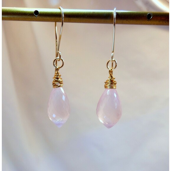 Natural Rose Quartz Micro Faceted Gold Fill Dangle Drop Earrings Handmade AAA - Picture 3 of 6
